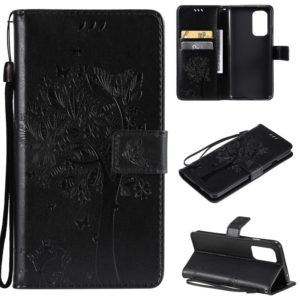 For OnePlus 9 Tree & Cat Pattern Pressed Printing Horizontal Flip PU Leather Case with Holder & Card Slots & Wallet & Lanyard(Black) (OEM)