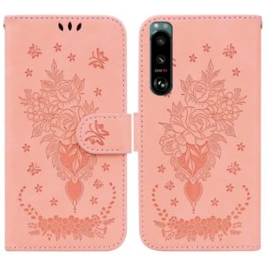 For Sony Xperia 5 III Butterfly Rose Embossed Leather Phone Case(Pink) (OEM)