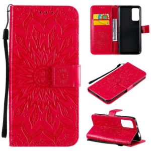 For Huawei Honor X10 Pressed Printing Sunflower Pattern Horizontal Flip PU Leather Case Holder & Card Slots & Wallet & Lanyard(Red) (OEM)