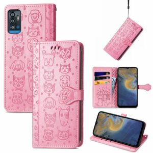 For ZTE A71 Lovely Cat and Dog Embossing Pattern Horizontal Flip Leather Case , with Holder & Card Slots & Wallet & Cartoon Clasp & Lanyard(Pink) (OEM)