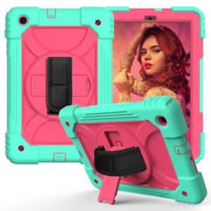 For Samsung Galaxy Tab A 10.1 (2019) T510/T515 Shockproof PC + Silicone Combination Case with Holder & Hand Strap & Shoulder Strap(Mint Green + Rose Red) (OEM)