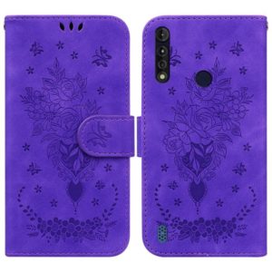 For Motorola Moto G8 Power Lite Butterfly Rose Embossed Leather Phone Case(Purple) (OEM)