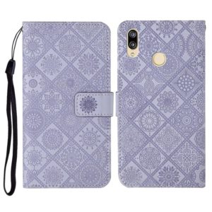 For Huawei Y7 (2019) Ethnic Style Embossed Pattern Horizontal Flip Leather Case with Holder & Card Slots & Wallet & Lanyard(Purple) (OEM)