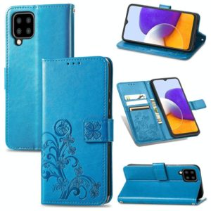 For Samsung Galaxy A22 5G Four-leaf Clasp Embossed Buckle Mobile Phone Protection Leather Case with Lanyard & Card Slot & Wallet & Bracket Function(Blue) (OEM)