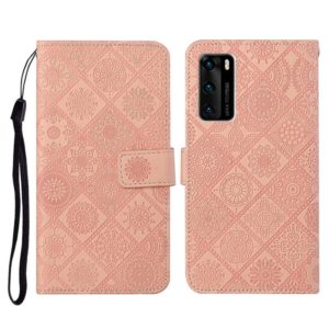 For Huawei P40 Ethnic Style Embossed Pattern Horizontal Flip Leather Case with Holder & Card Slots & Wallet & Lanyard(Pink) (OEM)
