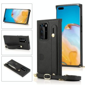 For Huawei P40 Pro Plus Wrist Strap PU+TPU Shockproof Protective Case with Crossbody Lanyard & Holder & Card Slot(Black) (OEM)