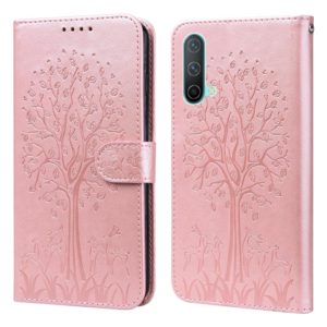 For OnePlus Nord CE 5G Tree & Deer Pattern Pressed Printing Horizontal Flip Leather Phone Case(Pink) (OEM)