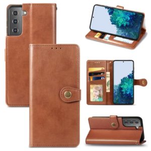 For Samsung Galaxy S21 5G Retro Solid Color Leather Buckle Phone Case with Lanyard & Photo Frame & Card Slot & Wallet & Stand Function(Brown) (OEM)