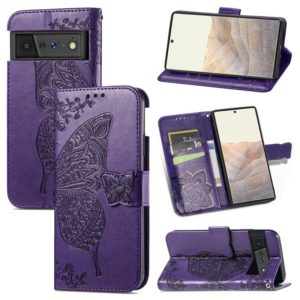 For Google Pixel 6 Butterfly Love Flowers Embossed Horizontal Flip Leather Case with Holder & Card Slots & Wallet & Lanyard(Dark Purple) (OEM)