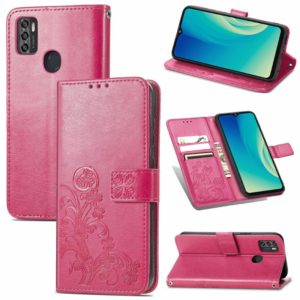 For ZTE A7S 2020 Four-leaf Clasp Embossed Buckle Mobile Phone Protection Leather Case with Lanyard & Card Slot & Wallet & Bracket Function(Rose Red) (OEM)