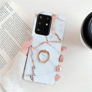 For Galaxy A71 TPU Smooth Marble with Ring Metal Rhinestone Bracket Mobile Phone Protective Case(Gold Q23) (OEM)