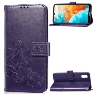 Lucky Clover Pressed Flowers Pattern Leather Case for Huawei Y6 Pro 2019, with Holder & Card Slots & Wallet & Hand Strap (Purple) (OEM)