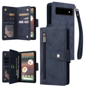 For Google Pixel 6a Rivet Buckle 9 Cards Three Fold Leather Phone Case(Blue) (OEM)