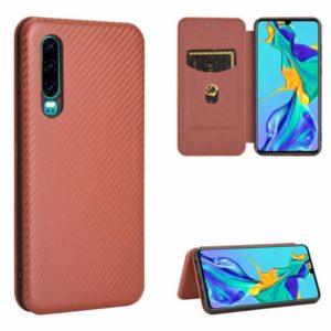 For Huawei P30 Carbon Fiber Texture Horizontal Flip TPU + PC + PU Leather Case with Card Slot(Brown) (OEM)