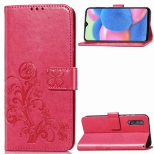For Galaxy A30S Four-leaf Clasp Embossed Buckle Mobile Phone Protection Leather Case with Lanyard & Card Slot & Wallet & Bracket Function(Magenta) (OEM)