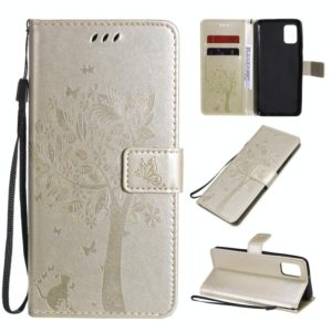 For Samsung Galaxy A31 Tree & Cat Embossed Pattern Horizontal Flip Leather Case with Holder & Card Slots & Wallet & Lanyard(Gold) (OEM)