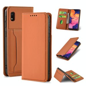 For Samsung Galaxy A10 Strong Magnetism Liquid Feel Horizontal Flip Leather Case with Holder & Card Slots & Wallet(Brown) (OEM)