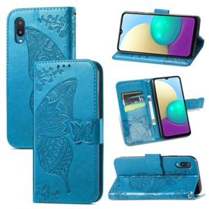 For Samsung Galaxy A02 Butterfly Love Flower Embossed Horizontal Flip Leather Case with Bracket & Card Slot & Wallet & Lanyard(Blue) (OEM)
