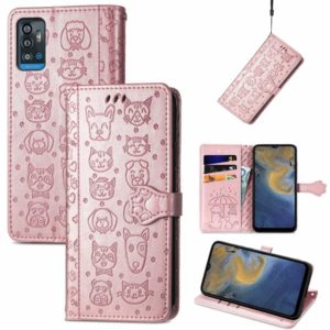 For ZTE A71 Lovely Cat and Dog Embossing Pattern Horizontal Flip Leather Case , with Holder & Card Slots & Wallet & Cartoon Clasp & Lanyard(Rose Gold) (OEM)