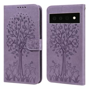 For Google Pixel 6 Pro Tree & Deer Pattern Pressed Printing Horizontal Flip Leather Phone Case(Purple) (OEM)
