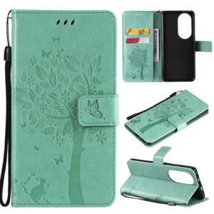 For Huawei P50 Pro Tree & Cat Pattern Pressed Printing Horizontal Flip PU Leather Case with Holder & Card Slots & Wallet & Lanyard(Green) (OEM)