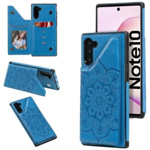 For Samsung Galaxy Note10 Flower Embossing Pattern Shockproof Protective Case with Holder & Card Slots & Photo Frame(Blue) (OEM)