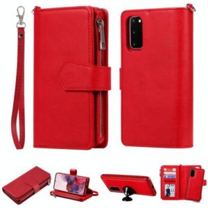 For Galaxy S20 2 in 1 Solid Color Zipper Shockproof Protective Case with Card Slots & Bracket & Photo Holder & Wallet Function(Red) (OEM)