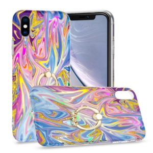 For iPhone X / XS Laser Glitter Watercolor Pattern Shockproof Protective Case with Ring Holder(FD1) (OEM)