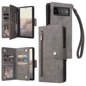 For Google Pixel 6 Pro Rivet Buckle 9 Cards Three Fold Leather Phone Case(Grey) (OEM)