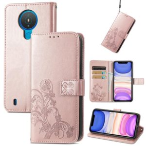 For Nokia 1.4 Four-leaf Clasp Embossed Buckle Mobile Phone Protection Leather Case with Lanyard & Card Slot & Wallet & Bracket Function(Rose Gold) (OEM)