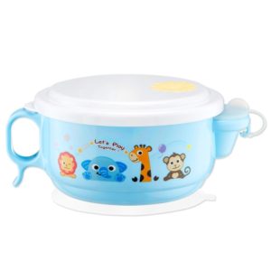 450ml Stainless Steel Interior And Plastic Exterior Double Layer Cartoon Style Bowl With Cover And Handles For Child At Age 2 To 9(Blue) (OEM)