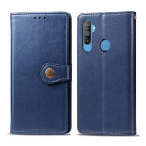 For OPPO Realme C3 Retro Solid Color Leather Buckle Phone Case with Lanyard & Photo Frame & Card Slot & Wallet & Stand Function(Blue) (OEM)