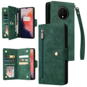 For OnePlus 7T Rivet Buckle 9 Cards Three Fold Leather Phone Case(Green) (OEM)