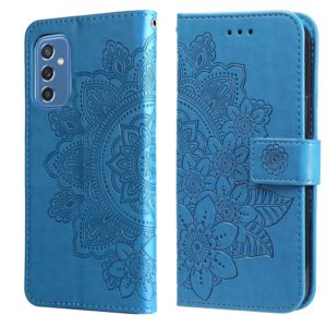 For Samsung Galaxy M52 5G 7-petal Flowers Embossed Flip Leather Phone Case with Holder & Card Slots(Blue) (OEM)