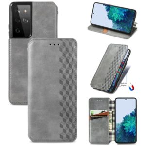 For Samsung Galaxy S21 Ultra 5G Cubic Grid Pressed Horizontal Flip Magnetic PU Leather Case with Holder & Card Slots & Wallet(Gray) (OEM)