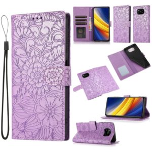 For Xiaomi POCO X3 NFC / X3 Pro / X3 Skin Feel Embossed Sunflower Horizontal Flip Leather Case with Holder & Card Slots & Wallet & Lanyard(Purple) (OEM)