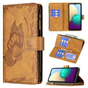 For Samsung Galaxy A02 Flying Butterfly Embossing Pattern Zipper Horizontal Flip Leather Case with Holder & Card Slots & Wallet(Brown) (OEM)