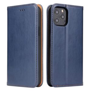For iPhone 12 / 12 Pro Fierre Shann PU Genuine Leather Texture Horizontal Flip Leather Case with Holder & Card Slots & Wallet(Blue) (FIERRE SHANN) (OEM)
