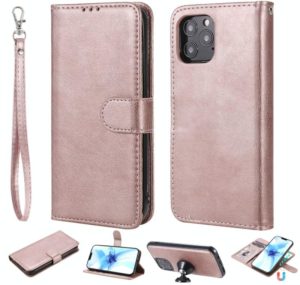 For iPhone 12 / 12 Pro 2 in 1 Solid Color Detachable PU Leather Case with Card Slots & Magnetic Holder & Photo Frame & Wallet & Strap(Rose Gold) (OEM)