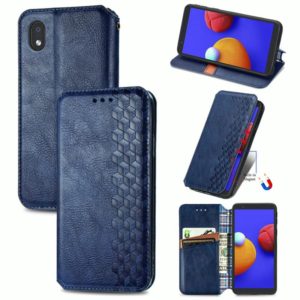 For Samsung Galaxy A01 Core Cubic Grid Pressed Horizontal Flip Magnetic PU Leather Case with Holder & Card Slots & Wallet(Blue) (OEM)