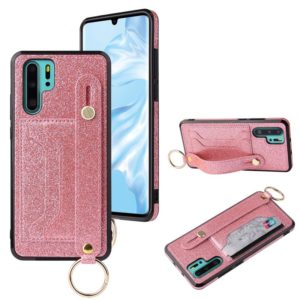 For Huawei P30 Glitter Powder PU+TPU Shockproof Protective Case with Holder & Card Slots & Wrist Strap(Pink) (OEM)