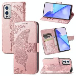 For OnePlus 9 Butterfly Love Flowers Embossed Horizontal Flip Leather Case with Holder & Card Slots & Wallet & Lanyard(Rose Gold) (OEM)