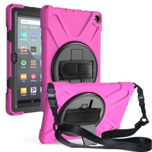 For Amazon Kindle Fire HD8 (2020) Shockproof Colorful Silicone + PC Protective Case with Holder & Shoulder Strap & Hand Strap(Rose Red) (OEM)