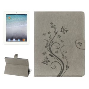 For iPad 4 Pressed Flowers Butterfly Pattern Horizontal Flip PU Leather Case with Magnetic Buckle & Holder & Card Slots & Wallet(Grey) (OEM)
