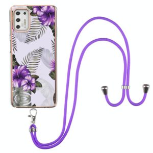 For Motorola Moto G Stylus 2021 Electroplating Pattern IMD TPU Shockproof Case with Neck Lanyard(Purple Flower) (OEM)