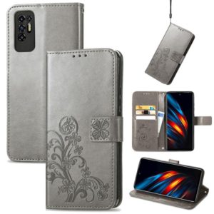 For Tecno Pova 2 Four-leaf Clasp Embossed Buckle Mobile Phone Protection Leather Case with Lanyard & Card Slot & Wallet & Bracket Function(Grey) (OEM)