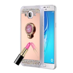 For Galaxy J3 (2016) / J310 Diamond Encrusted Electroplating Mirror Protective Cover Case with Hidden Ring Holder (Rose Gold) (OEM)