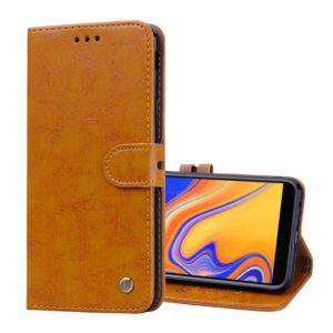 Business Style Oil Wax Texture Horizontal Flip Leather Case for Galaxy J4+, with Holder & Card Slots & Wallet (Brown) (OEM)