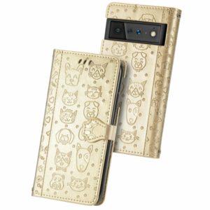 For Google Pixel 6 Cat and Dog Embossed Horizontal Flip Phone Leather Case with Holder & Card Slot & Wallet & Lanyard(Gold) (OEM)
