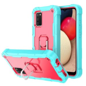 For Samsung Galaxy A02s PC + Rubber 3-layers Shockproof Protective Case with Rotating Holder(Mint Green + Rose Red) (OEM)